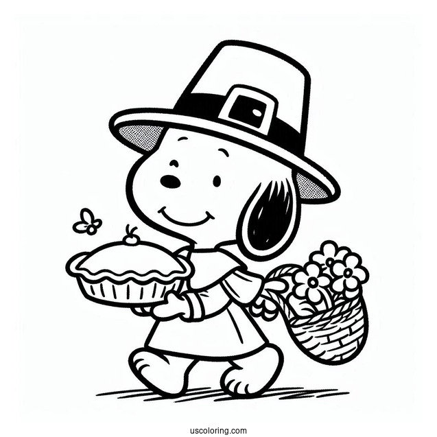 Pilgrim Coloring Page Snoopy Carrying A Pie For Kids