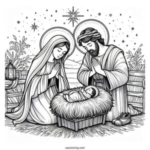 Nativity Coloring Page Of Mary And Joseph Praying Over Baby Jesus In The Manger