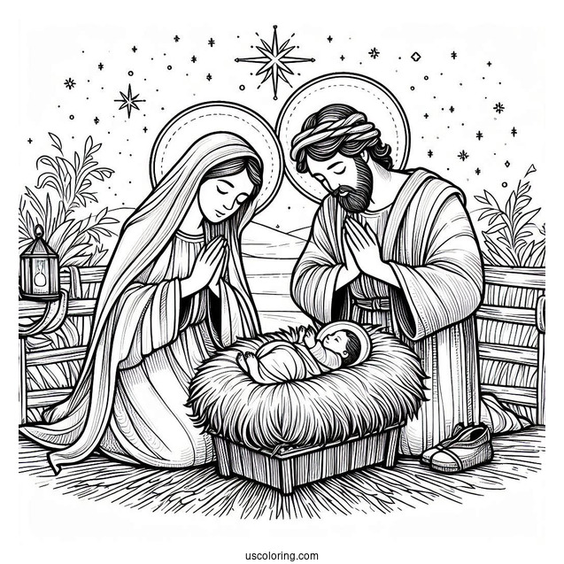 Nativity Coloring Page Of Mary And Joseph Praying Over Baby Jesus In The Manger