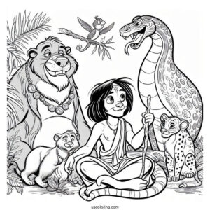 Jungle Book Coloring Page Of Baloo, Mowgli, Kaa, King Louie, And Bagheera