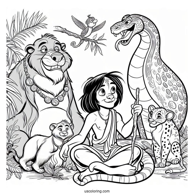 Jungle Book Coloring Page Of Baloo, Mowgli, Kaa, King Louie, And Bagheera
