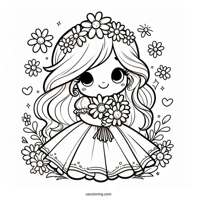 Cartoon Princess Daisy Coloring Page Holding Flower Bouquet