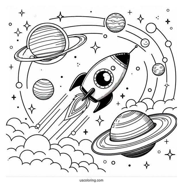 Rocket Taking Off Into Space With Planets To Color