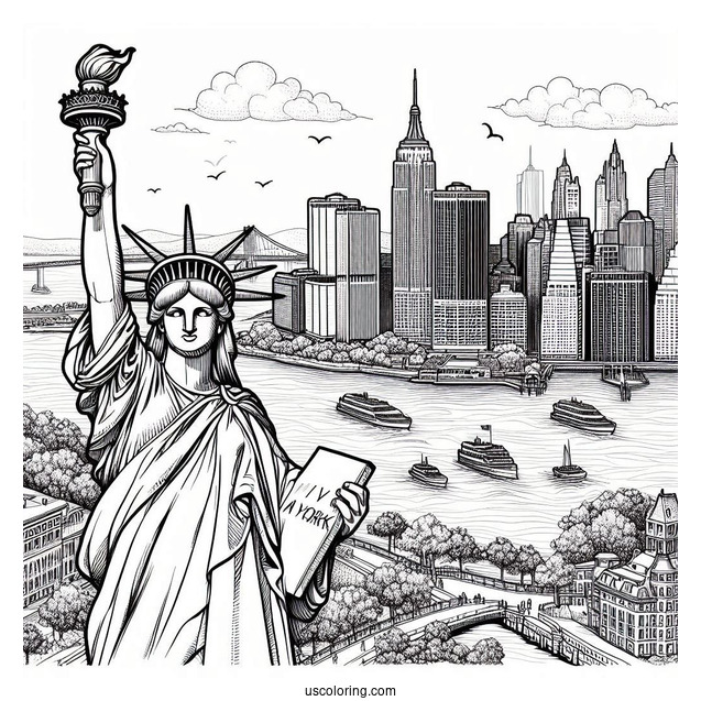 New York Coloring Page Of Realistic Statue Of Liberty