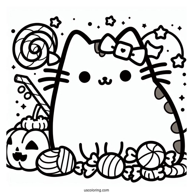 Pusheen With Halloween Candy Coloring Sheet