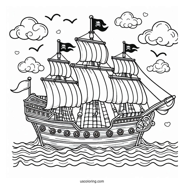 Pirate Ship Coloring Page On A Calm Sea For Kids