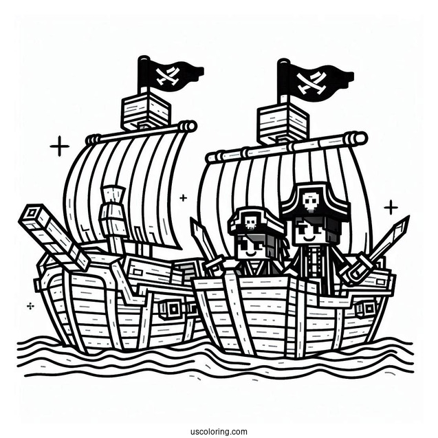 Easy Minecraft Pirate Ship Coloring Page With Two Pirates For Kids