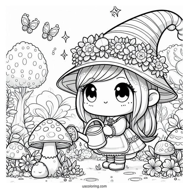 Chibi Coloring Page Gnome in a Fantasy Mushroom Forest Watering Flowers For Kids