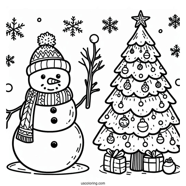 Snowman And Christmas Tree To Color