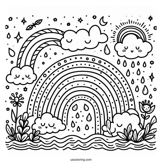 Rain Coloring Page Of Raindrops And Rainbows For Preschoolers