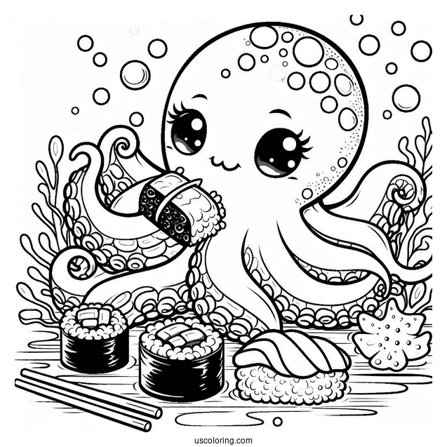 Octopus Eating Sushi Coloring Pages Underwater For Kids