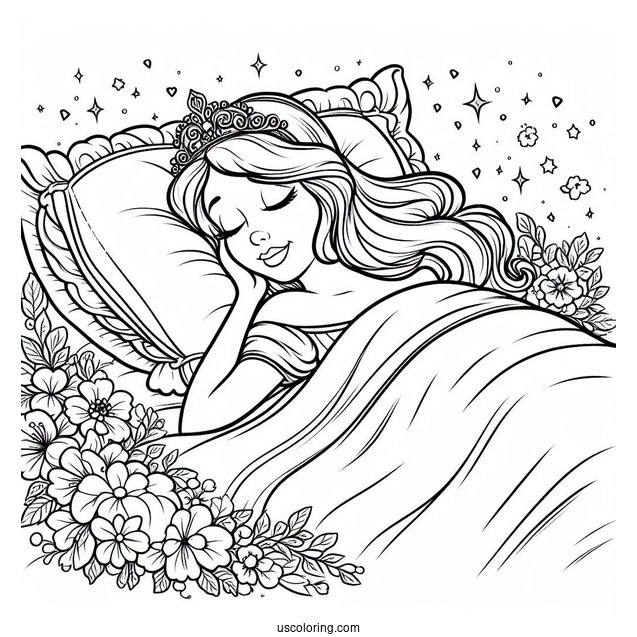 Sleeping Beauty Asleep In Bed Coloring Page