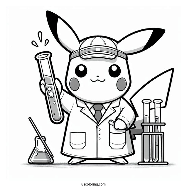 Science Coloring Page Of Scientist Pikachu Holding Up A Test Tube For Kids