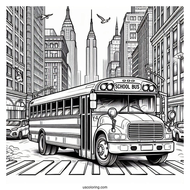 Realistic School Bus Coloring Page In A Busy City
