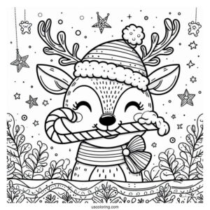 Reindeer With Santa Hat Biting A Candy Cane Coloring Page