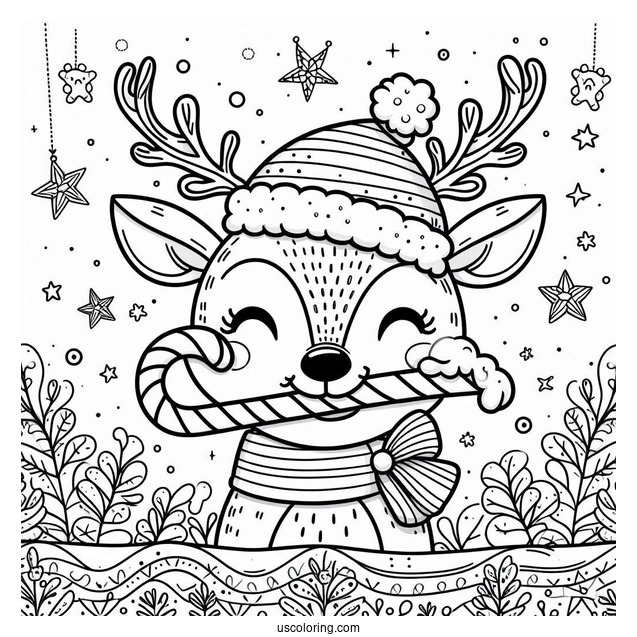 Reindeer With Santa Hat Biting A Candy Cane Coloring Page