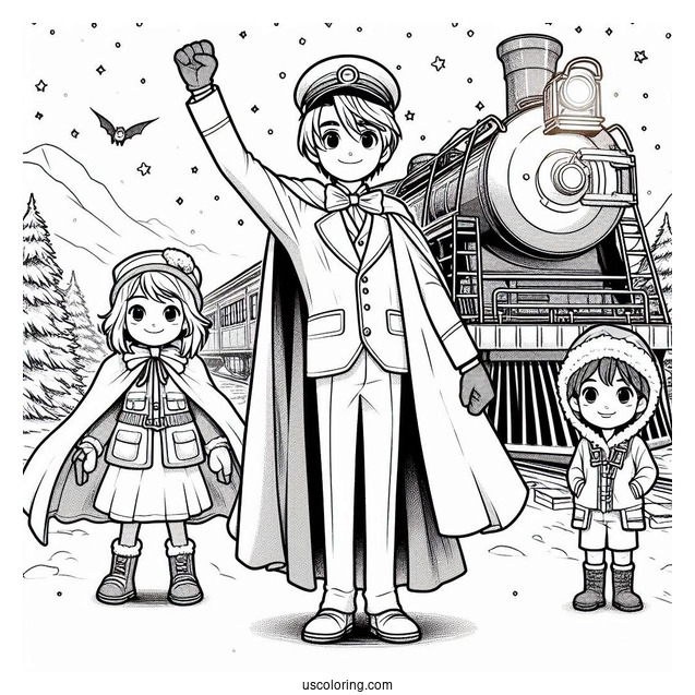 Conductor, Hero Boy, And Hero Girl In Front Of The Polar Express Coloring Page