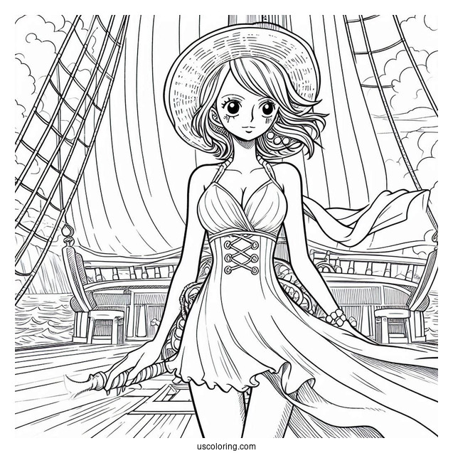 One Piece Coloring Page Of Nami Standing On Deck