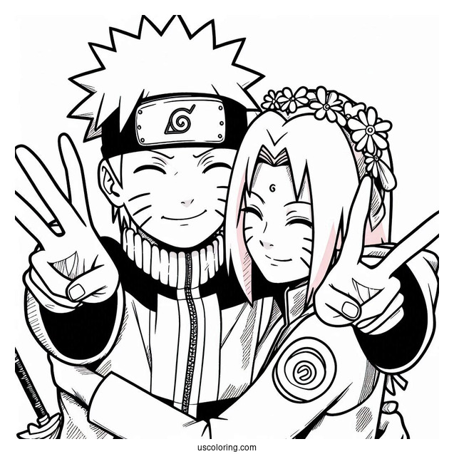 Naruto Coloring Page Of Hugging Sakura And Making Peace Sign