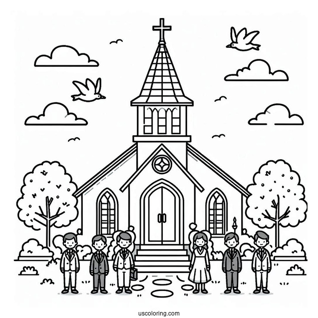Cartoon Church Coloring Page Goers Standing In Front Of The Church Building For Kids