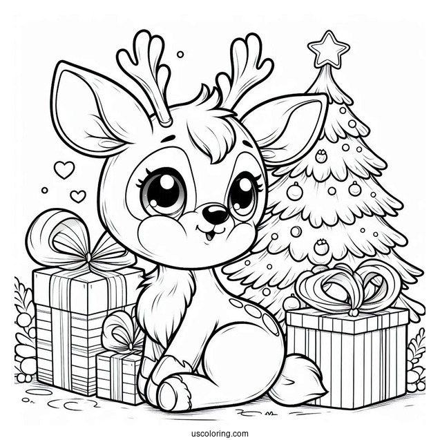 Cute Rudolph Coloring Page Sitting With Christmas Presents For Kids
