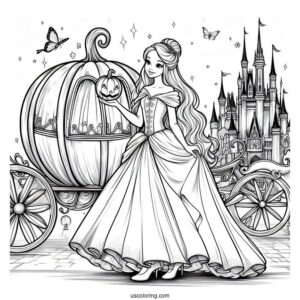 Cinderella With Pumpkin Coach, Castle And Fairy Godmother