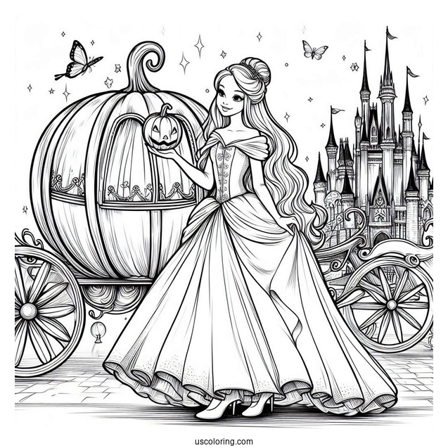 Cinderella With Pumpkin Coach, Castle And Fairy Godmother