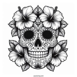 Detailed Sugar Skulls Coloring Page Design With Hibiscus Flowers