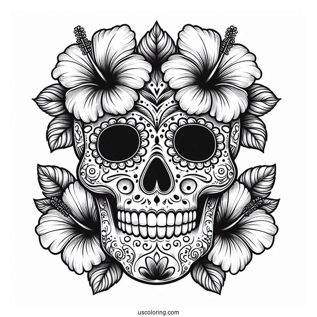 Detailed Sugar Skulls Coloring Page Design With Hibiscus Flowers