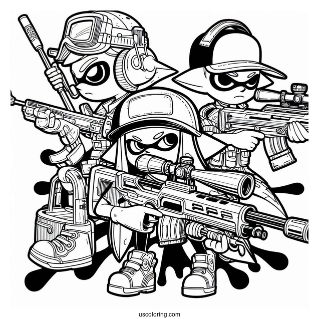 Splatoon Coloring Page Of Agent 3 With Crossbow And Squad