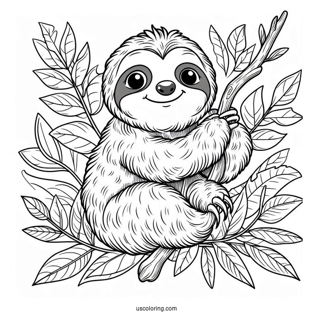 Happy Sloth Sitting On Leaves