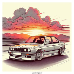Detailed 3 Series (E30) BMW Coloring Page On Race Track At Sunset