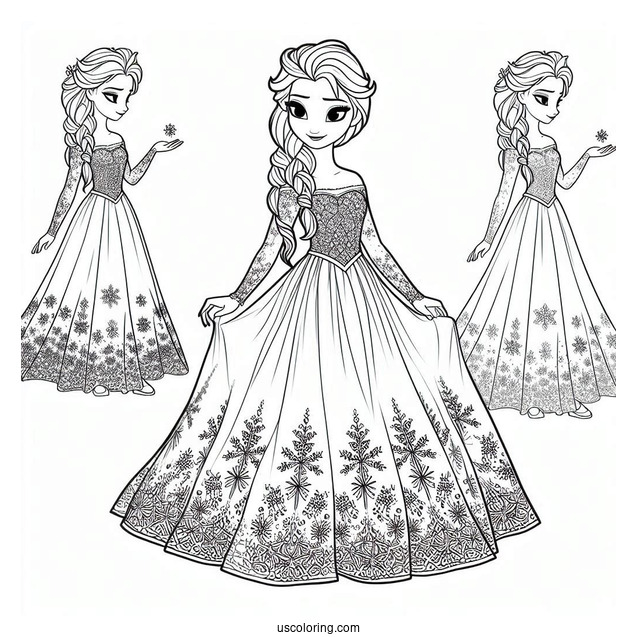 Elsa Stunning Dress With Snowflake Background Coloring Page