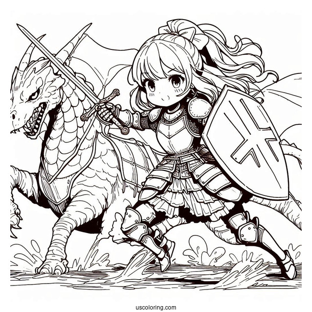 Coloring Sheet Of Girl Knight To Fight Dragon