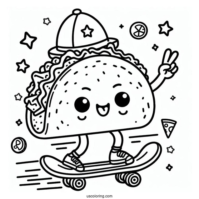 Kid Taco Skateboarding Coloring Sheet For Preschoolers