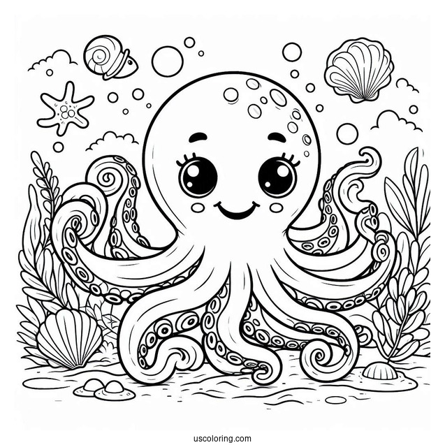 Grinning Cartoon Octopus Coloring Page In The Sea With Shells