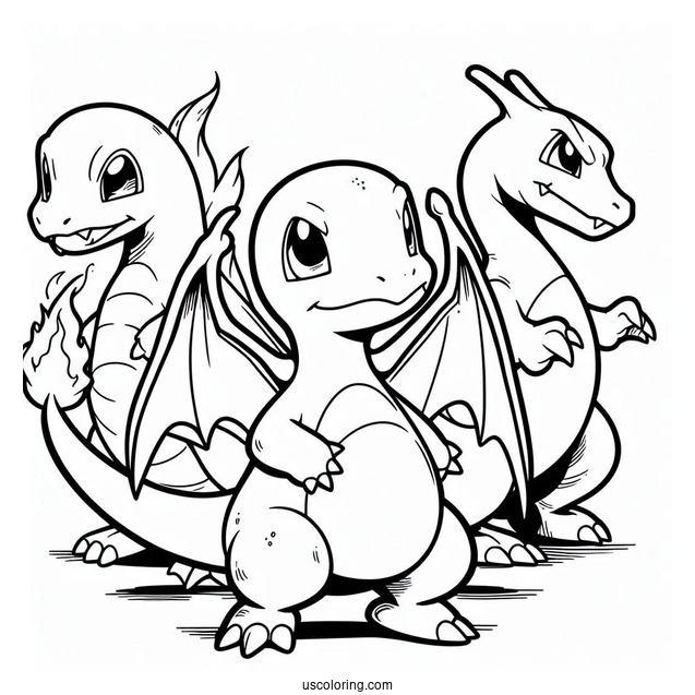 Charmander, Charmeleon, And Charizard Evolution Coloring In