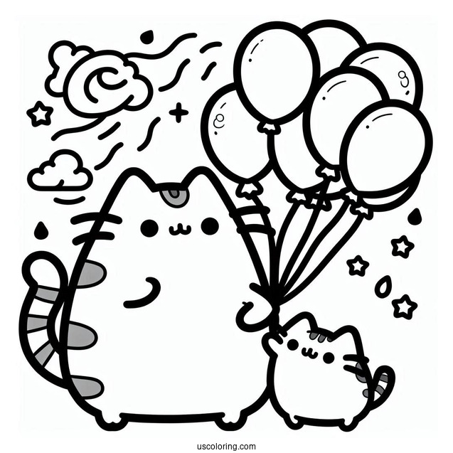 Stormy And Pusheen Holding Balloons To Color