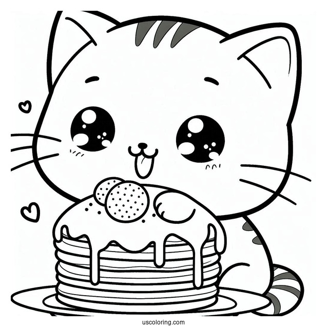 Cute Cat Drooling Over Pancake Coloring Page