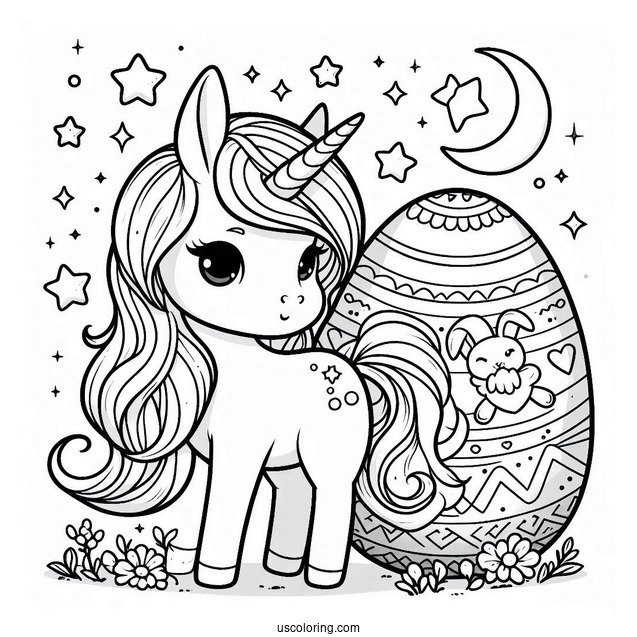 Unicorn Standing on Easter Egg Coloring Page With Stars and Bunnies v2