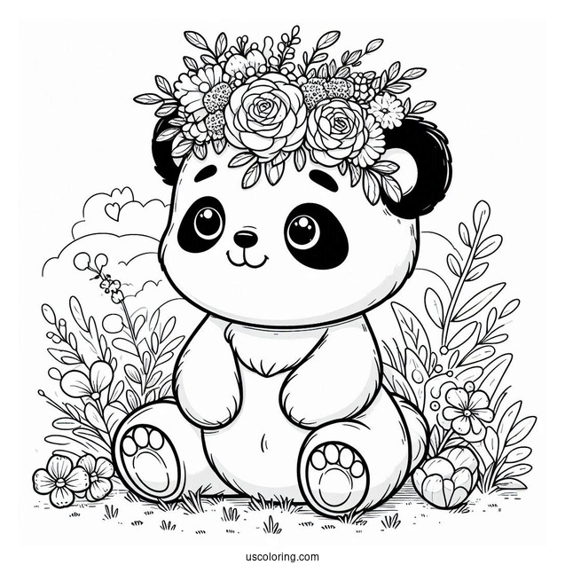 Cute Panda Coloring Page Sitting with Giant Floral Crown in a Meadow