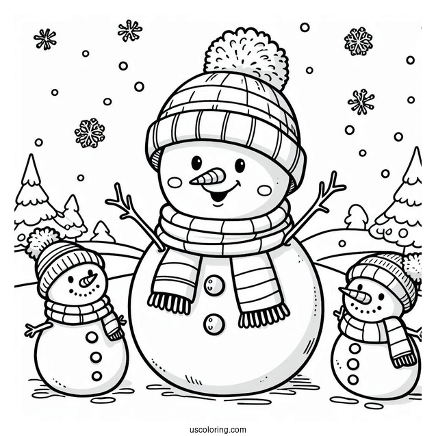 Cheerful Looking Snowmen In The Snow To Color