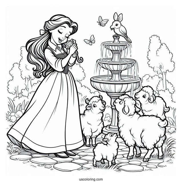 Belle Singing To Sheep At The Water Fountain