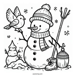 Snowman With Dig And Bird To Color
