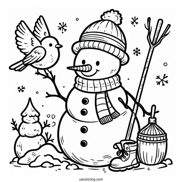 Snowman With Dig And Bird To Color