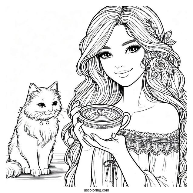 Woman Holding Cup Of Coffee Coloring Pages And Cat