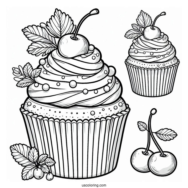 Cupcake With Cherries And Icing To Color