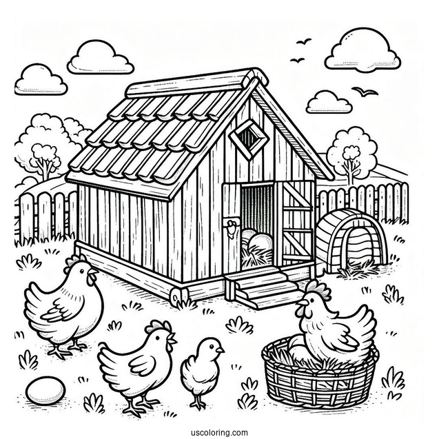 Farm Chicken Coop Coloring Sheet