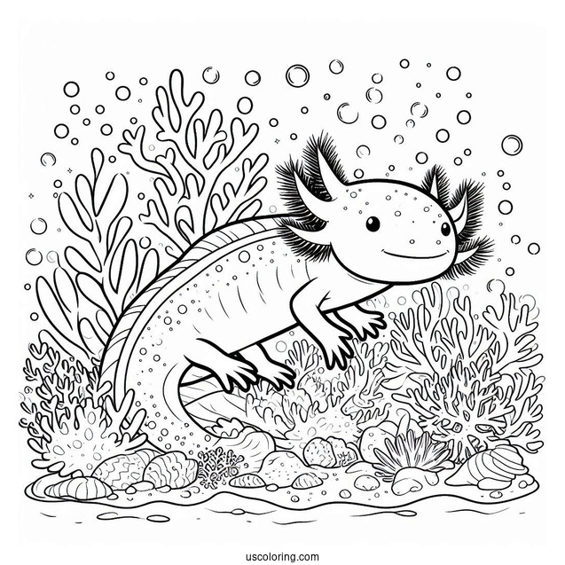 Swimming Axolotl Coloring Page Surrounded By Corals