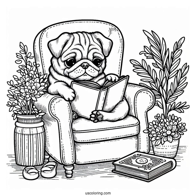 Pug Coloring Page Reading a Book in Armchair